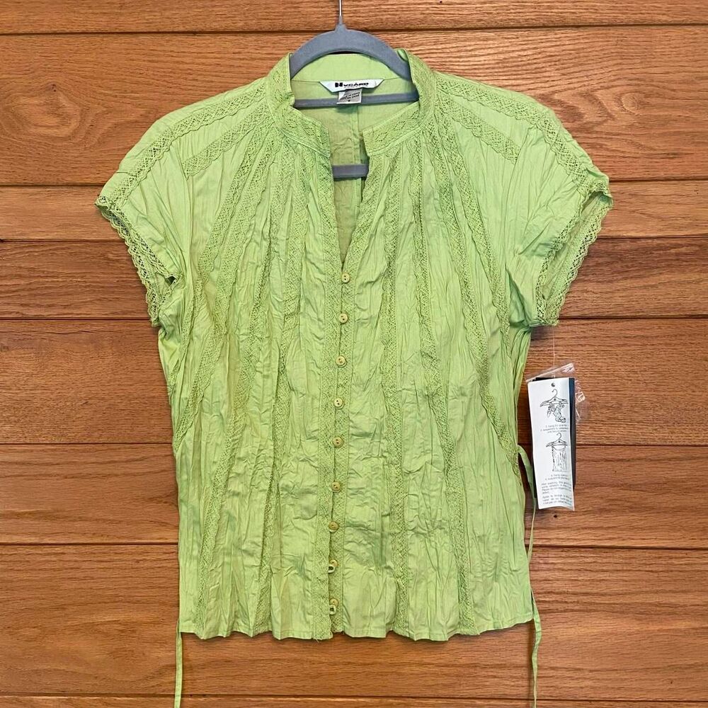 Vintage Y2K Nygard green cotton blend lace textured button front top